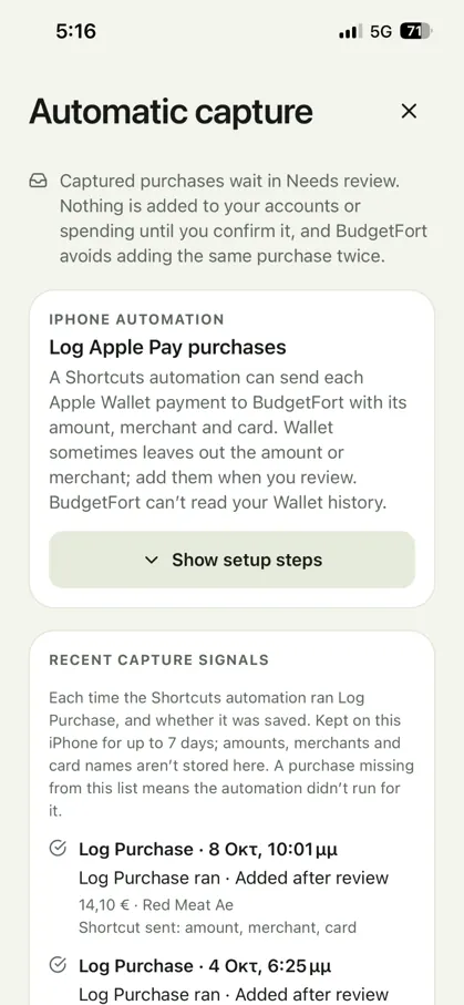 Automatic capture setup for Apple Pay purchases using iOS Shortcuts and a review queue