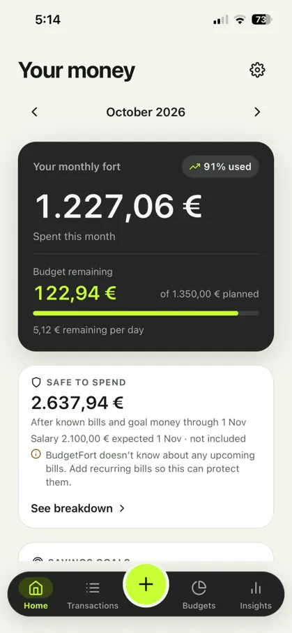 BudgetFort dashboard showing monthly spending, remaining budget and Safe to Spend balance