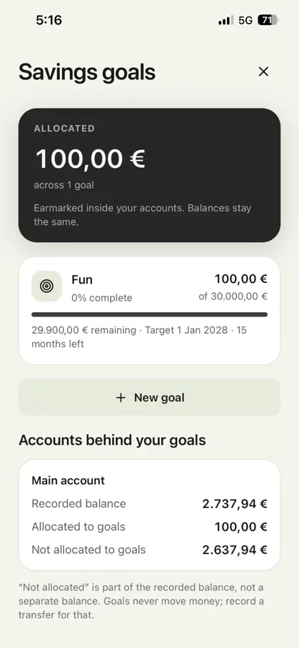 Savings goal showing allocated funds, target amount, remaining balance and deadline