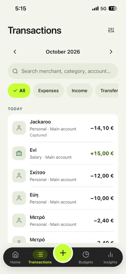 BudgetFort transactions list with expense and income entries, search and filters